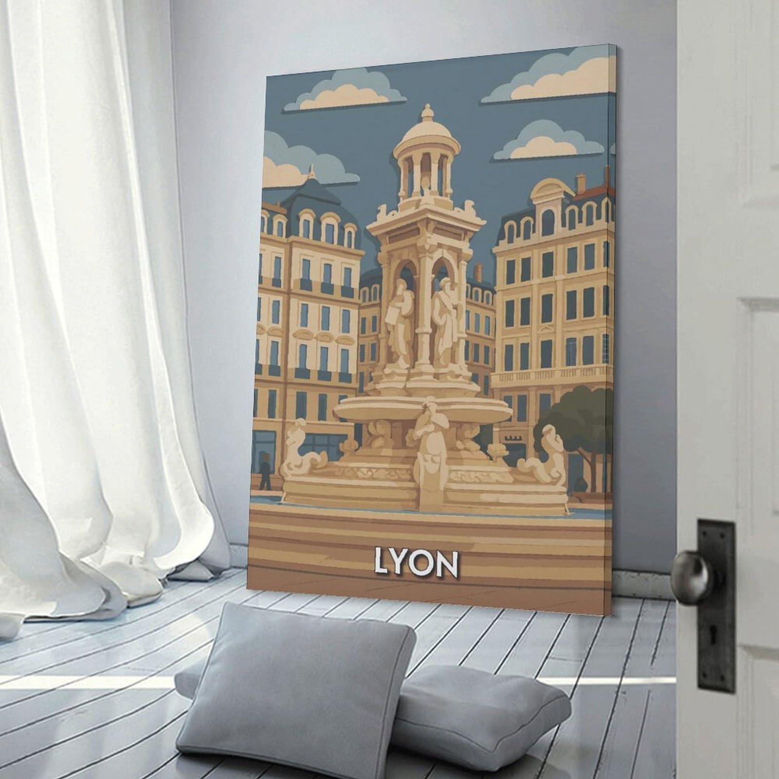 Junmoney Lyon Cityscape Illustration Canvas Wall Decor, 24x36inch(60x90cm), for Bedroom, Guest Room Or Reading Nook, Canvas Wall Decor for Personal Spaces