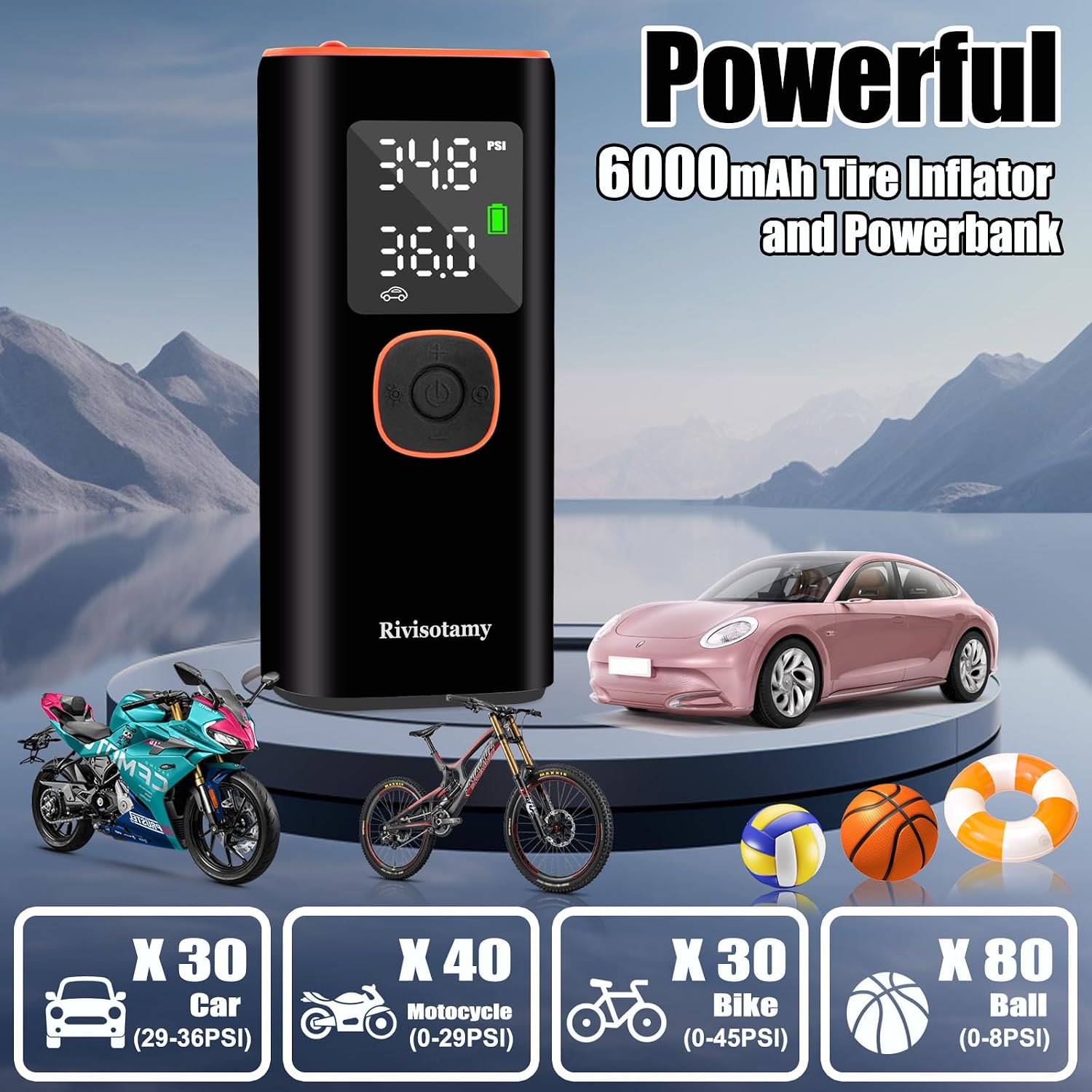 Tire Inflator Portable Air Compressor | 6000mAh&160PSI Cordless Car Accessories for Men | Electric Pump | Motorcycle | Bike | Ball