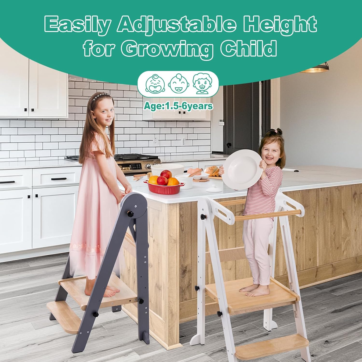 Foldable Toddler Tower, Kitchen Stool Helper, Standing Tower with 3 Adjustable Heights and Non-Slip-Strips, Kitchen Tower for Kids 1.5-6 Years, Montessori Stool for Counter Sink (White)