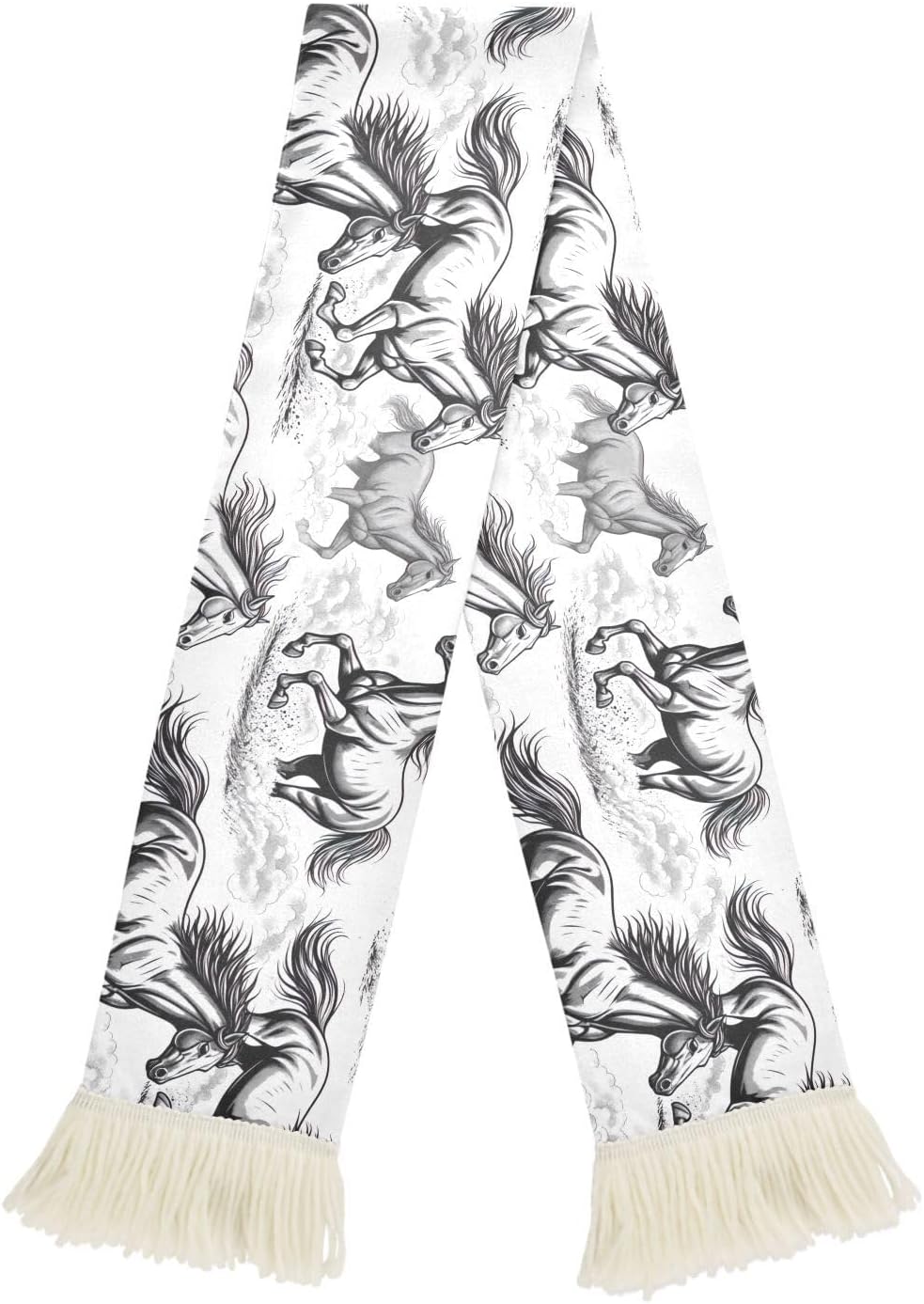 CHIFIGNO Horse White Sports Fan Scarf Towel, Soft Absorbent Polyester Cheering Wrap for Soccer Games, Quick Dry with Fringe Ends