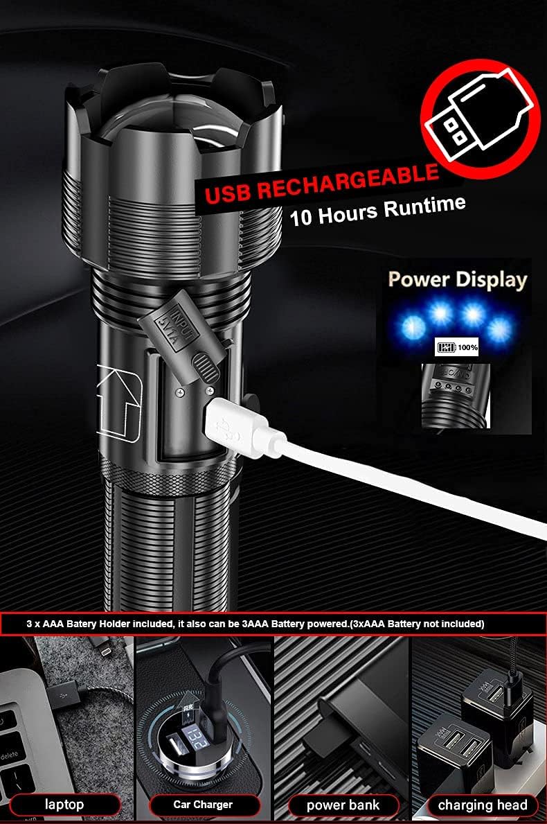 Rechargeable LED Tactical FLashlights High Lumens, 8000 Lumens XHP50 Super Bright LED Flashlight with 2200mah Battery, Zoomable, IPX6 Waterproof, 5Modes, Powerful Handheld Flashlight for Camping, 2PCS - - 