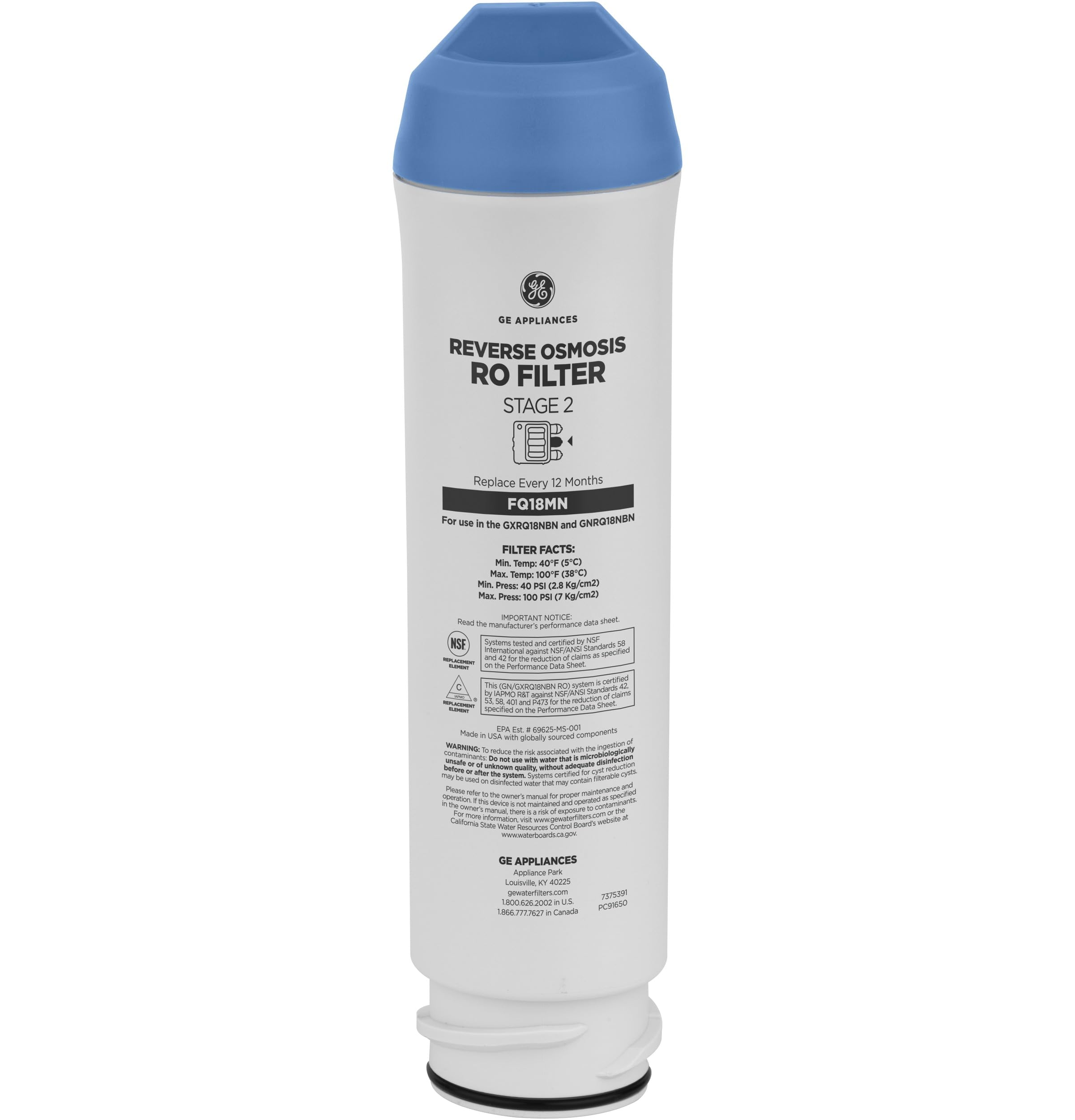 GE Membrane Filter Compatible with Select GE Under Sink Filtration Systems Including GXRQ18NBN GNRQ18NBN GXRV40TBN Replace Every 12