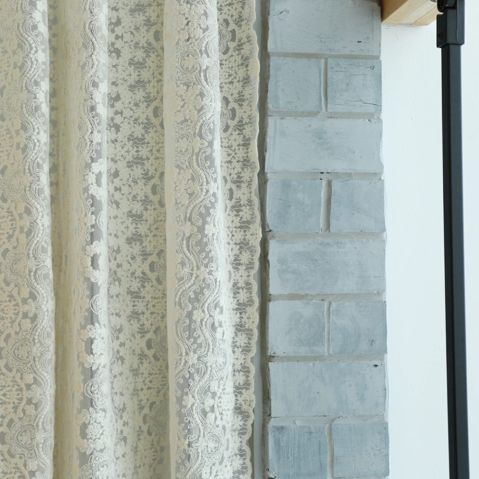 A.Monamour Rideau de Cuisine Court pour Petit Fenêtre - Dentelle Brodée Florale Beige Transparente Rétro Brise-bise à Disques Cantonnières Demi-Rideau Passe-Tringle pour Bistro Café