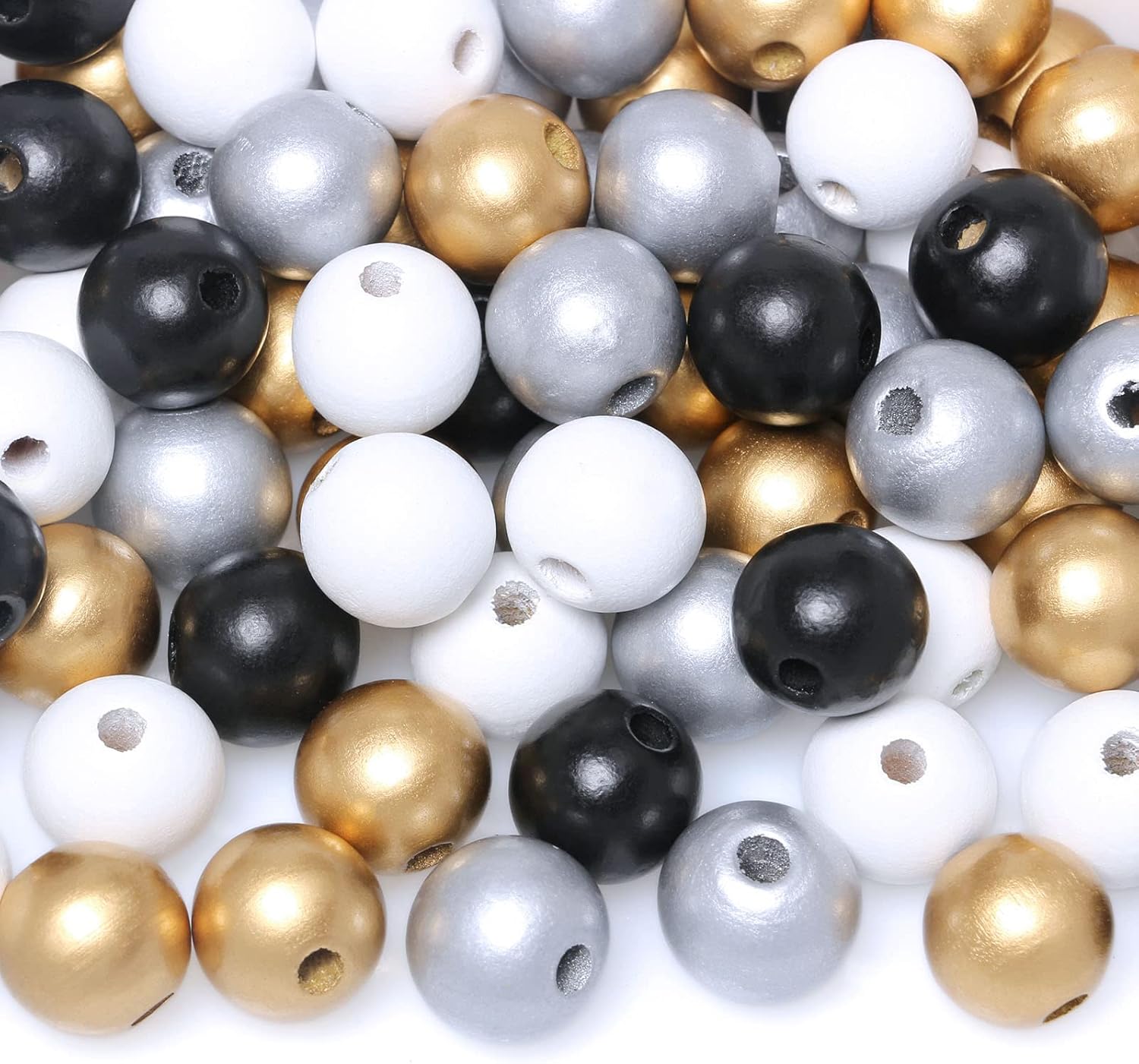 100 Wood Beads for Garlands, 16mm Assorted Colors Wooden Loose Beads for Crafts Making, Farmhouse Wooden Beads for Home Decor (White/Black/Gold/Red)