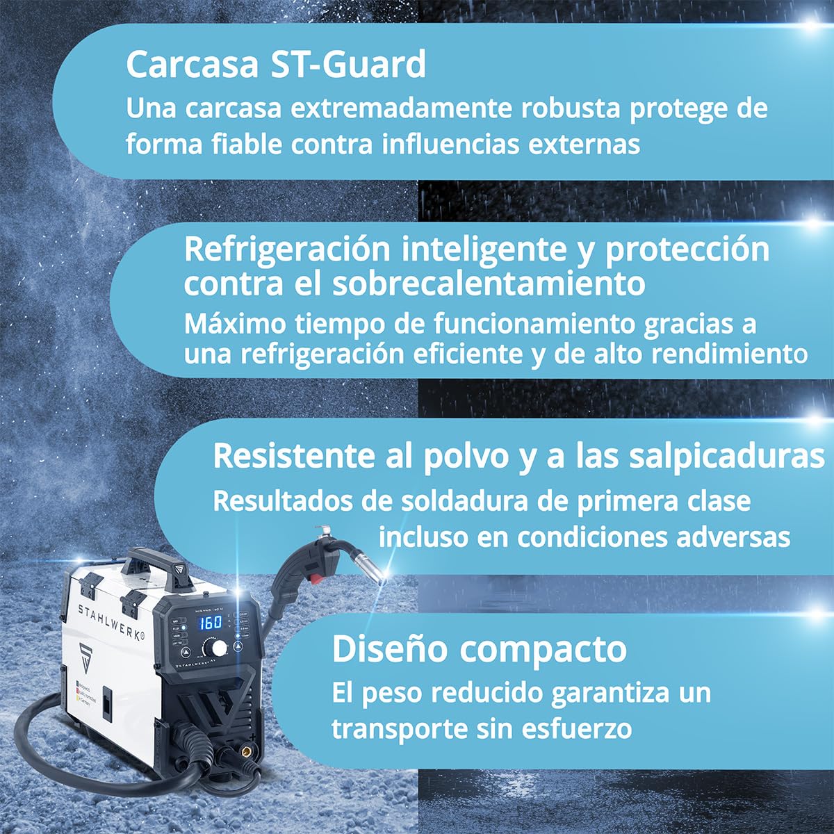 STAHLWERK Soldadora MIG/MAG 200 ST – Máquina de soldar Inverter con 200 A, equipo de gas protector con avance de hilo sinérgico, apto para FLUX (hilo hueco), funcional para Lift-TIG & MMA/Electrodo