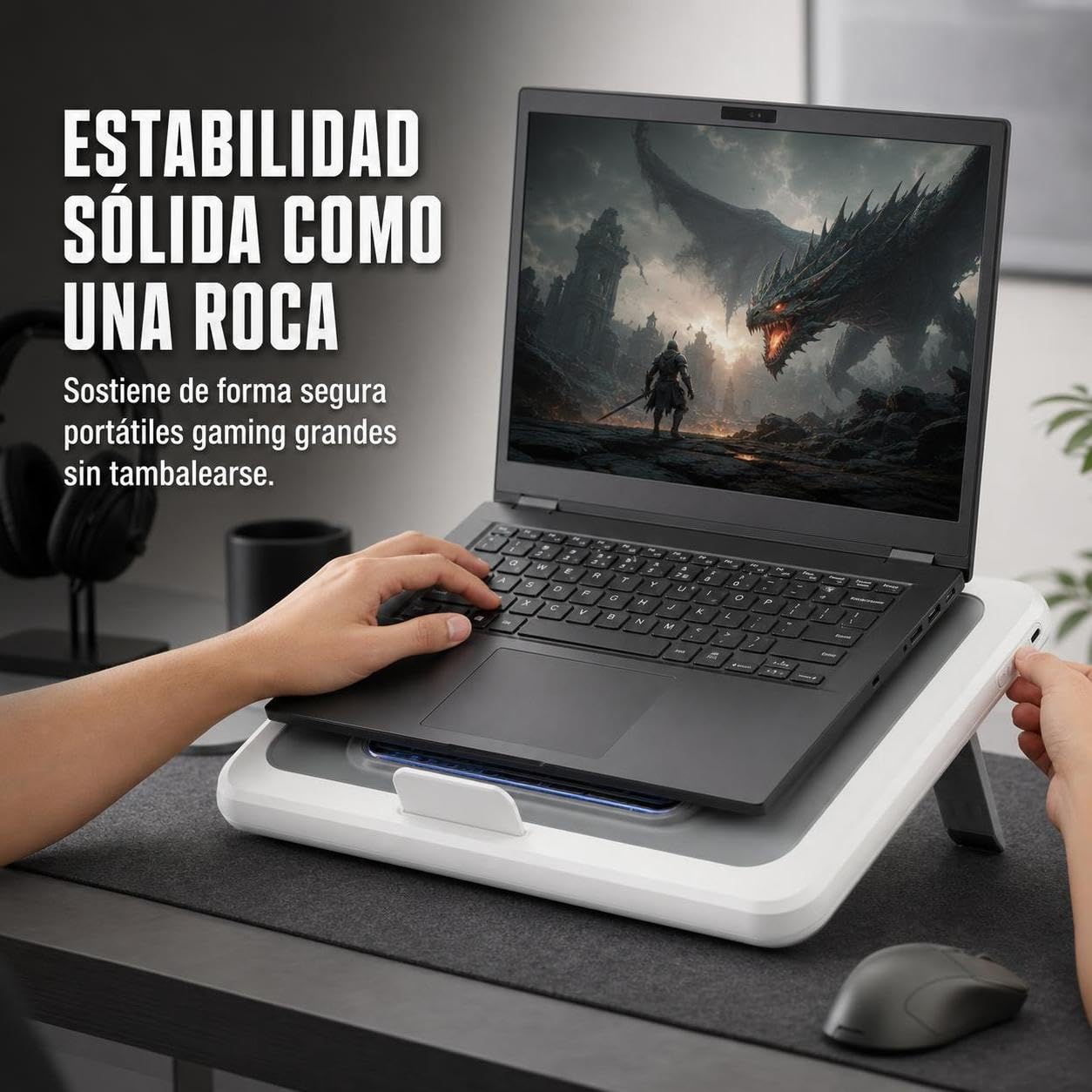 Base Refrigeradora Portátil Plegable y Soporte Ergonómico para y Escritorio – Elevador con Ventilador, Blanco Plateado, Plata