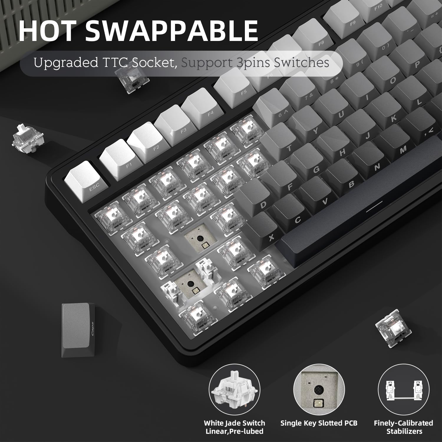 A.JAZZ x ATTACK SHARK X85 Klawiatura Mechaniczna z Uszczelką,Bezprzewodowa Klawiatura do Gier 75% z Knob,5-Layer Padding,PBT Side-Printed Keycap,BT/2.4 Ghz/USB-C,Hot-Swap Linear Switch,RGB,na PC,MAC