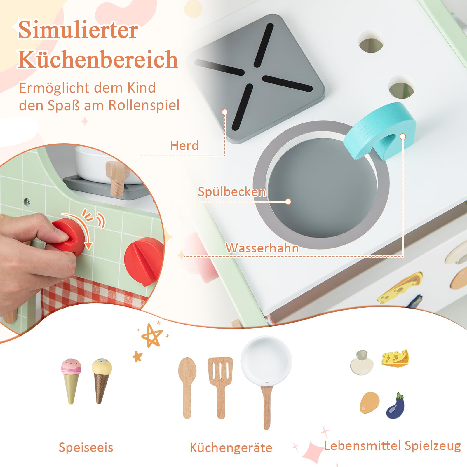 DREAMADE Lauflernwagen Holz, 6-in-1 hölzerne Lauflernhilfe, Baby Walker mit Blöcken & 9 Teilen Zubehör, Lernlaufwagen & Aktivitätszentrum, Kinderküche-Spielzeug für Kleinkinder ab 1 Jahren (Grün)