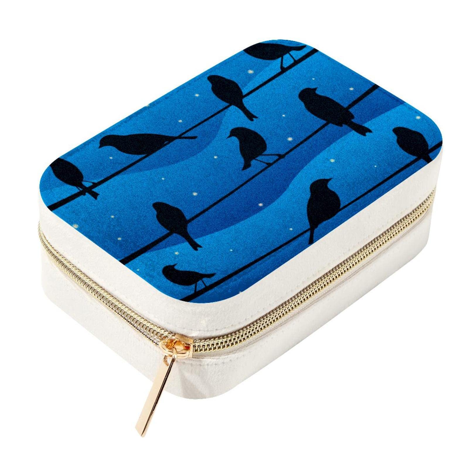 Organizador de joyas de terciopelo Blue & Blace Birds caja compacta con cremallera para aretes