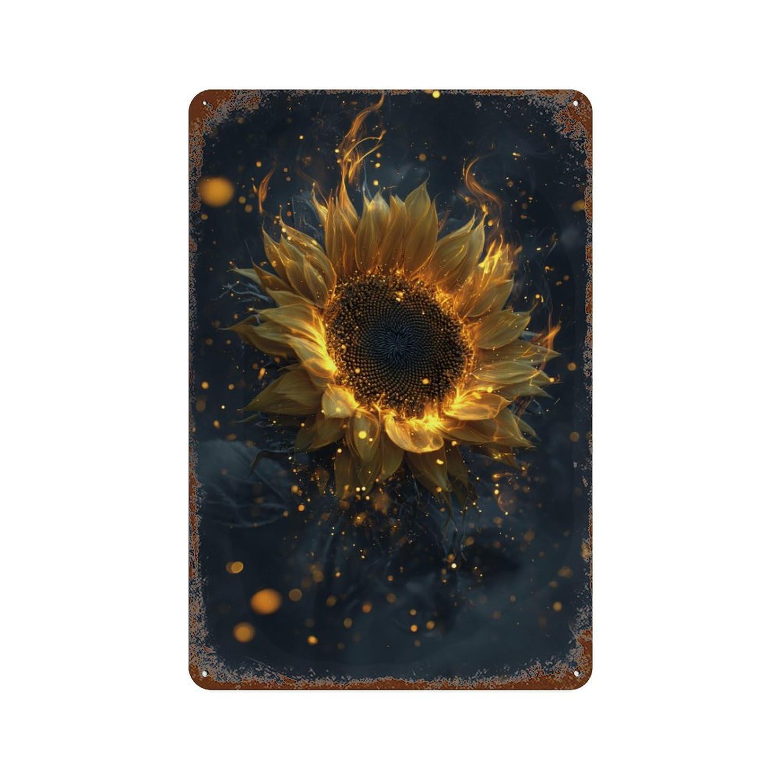 Golden Sunflower with Fire Effect Rust Effect Tin Sign 11.8"x7.9", Ideal for Farmhouse, Kitchen And Entryway Decor