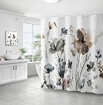 Watercolor Flower Shower Curtain for Bathroom, Grey Botanical Floral Shower Curtain with Hooks, Waterproof Polyester Plant Bathroom Curtain 72 X 72 Inches