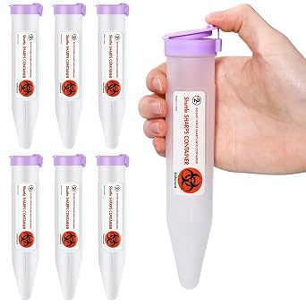 Colingmill 6 Count Portable Sharps Container Small Needle Disposal Containers with Locking Lid for Home and Travel Use Puncture Resistant Transportable for Pen Needle Lancets Syringes Purple