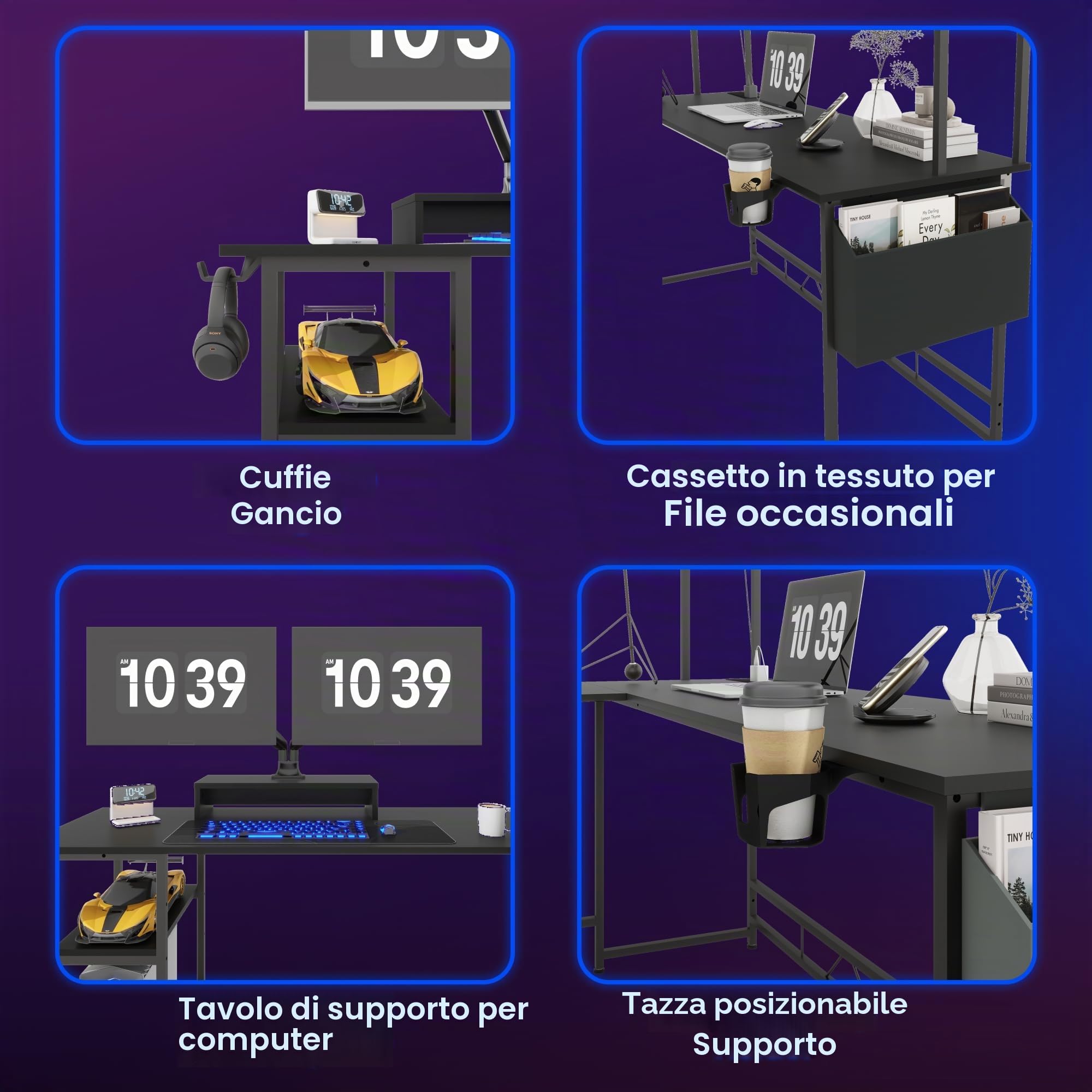 FLEXISPOT Scrivania Gaming Angolare LED 120x140 cm, Scrivania a L con Ripiani, Prese e Porte USB Integrate, Ganci e Portabicchieri, Tavolo Gaming Salvaspazio, Nero