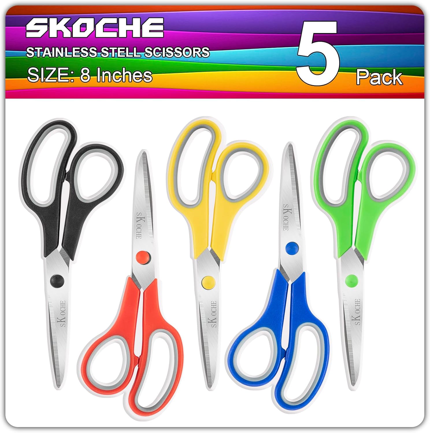 SKOCHE Scissors 8 Inch Multipurpose Scissors Bulk 5 Pack, ComfortGrip Handles & Stainless Steel