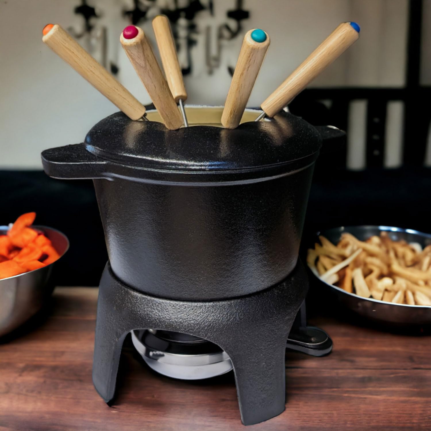 osoltus Fondue | Käsefondue | Fleischfondue Set Gusseisen 6 Personen Emaille schwarz