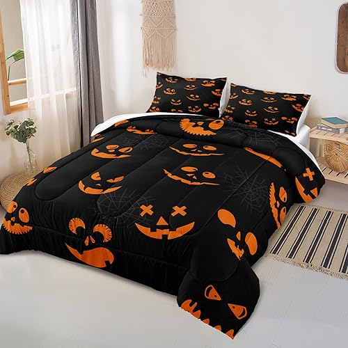 Miniatura 2 de Bedorm Juego de edredón de Halloween para niños, tamaño individual, juego de ropa de cama de fantasma negro para niños y niñas, calabaza naranja,