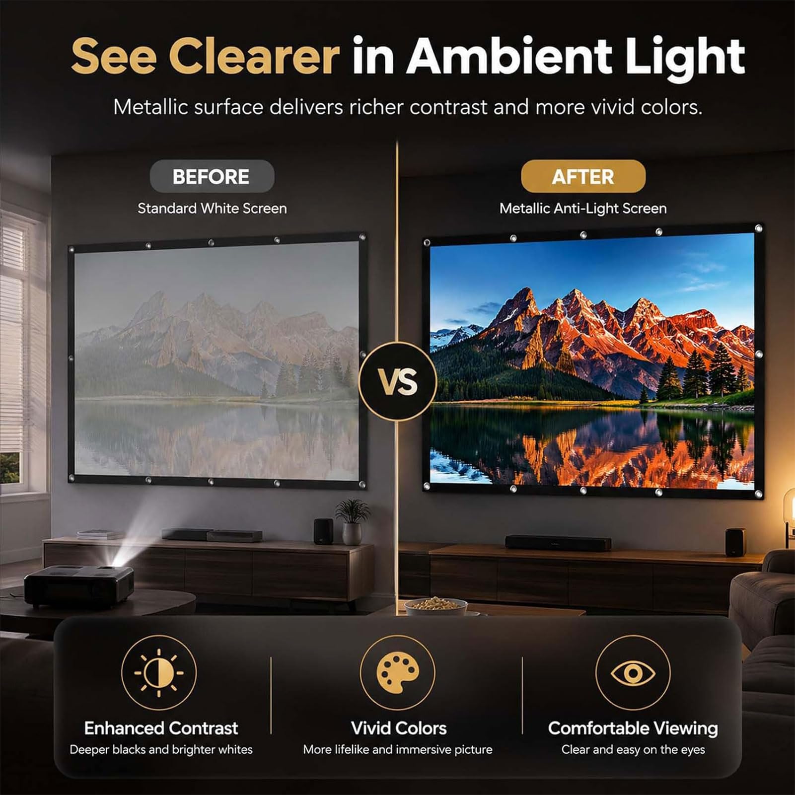 Schermo metallico anti-luce, schermo di proiezione 4K HD 16:9, pieghevole, portatile, per esterni, montaggio a parete, per home theater, ufficio e campeggio (120 pollici)