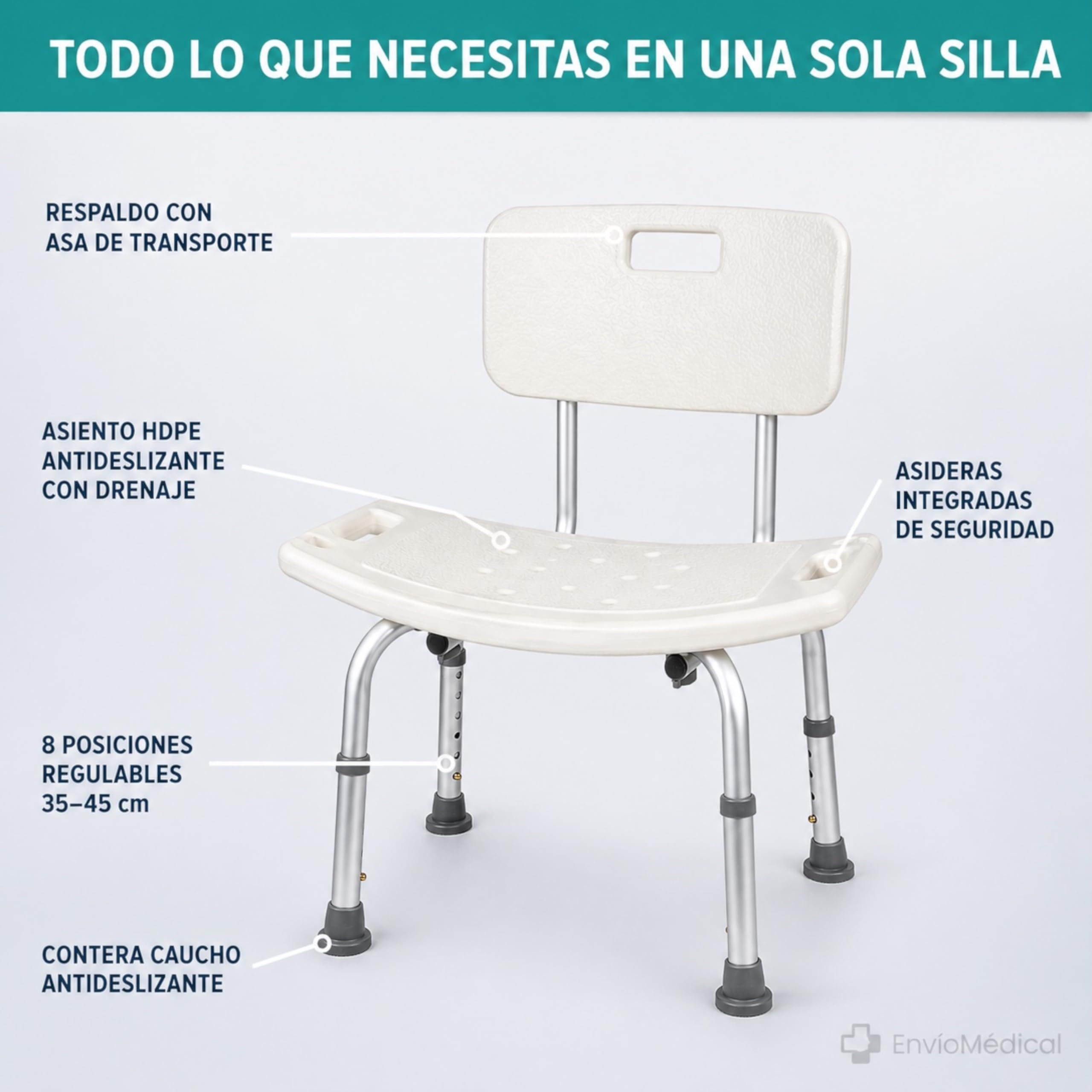 Silla de Ducha para Personas Mayores con Respaldo. Altura Regulable. Asiento de Baño Antideslizante de Aluminio. Soporta hasta 110kg. Silla de Ducha para Movilidad Reducida, Discapacitados y Ancianos