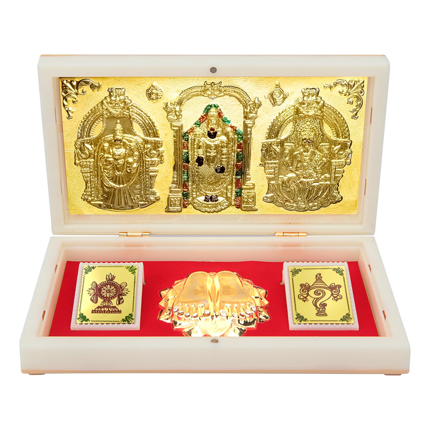 Gold Plated Tirupati Balaji Padmavati Photo Frame with Charan Paduka Pocket Temple for Diwali Gift, House Warming Gifts Return Gift Puja Box (Balaji Gold White)