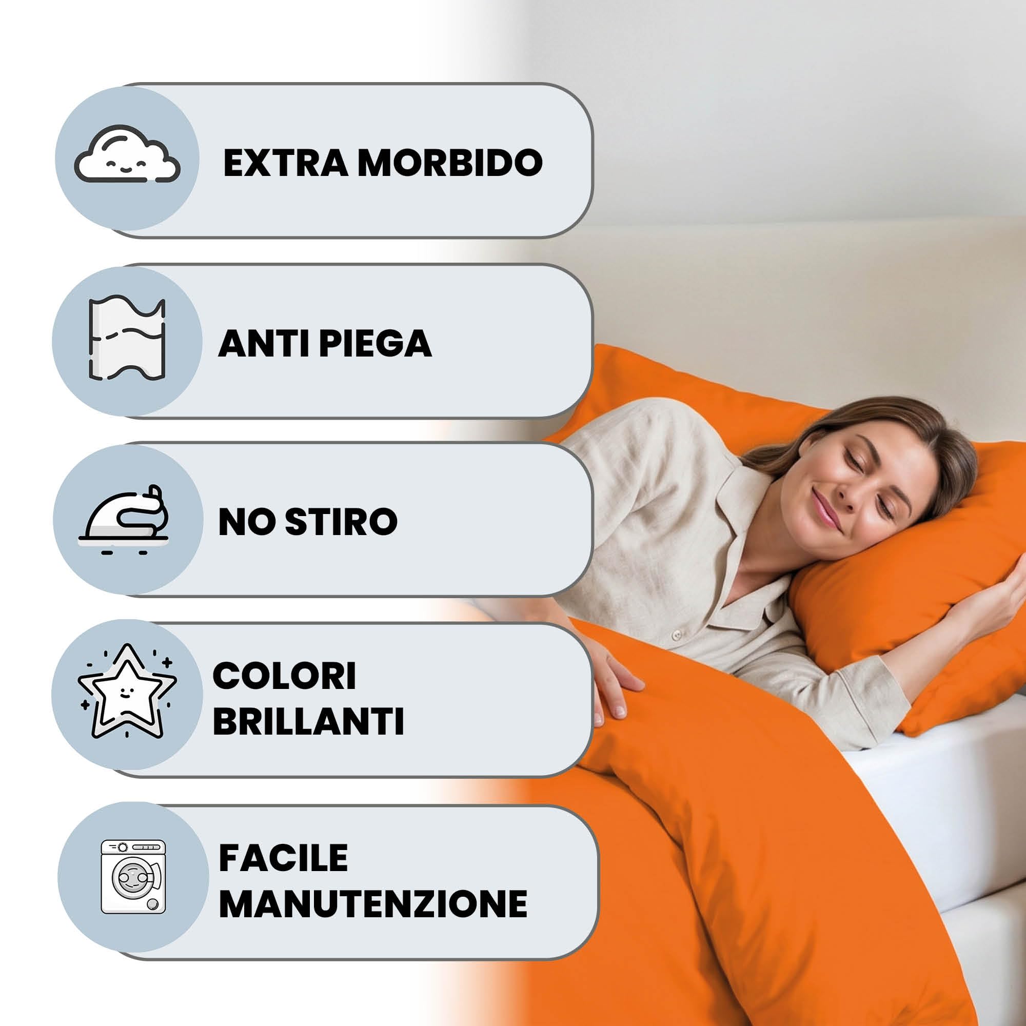 Parure Copripiumino Elegant Letto Matrimoniale 100% Microfibra, Made in Italy - Set Copri Piumino - Sacco Piumone 250x200cm con Patella + 2 Federe 50x80cm, Tinta Unita - Arancione