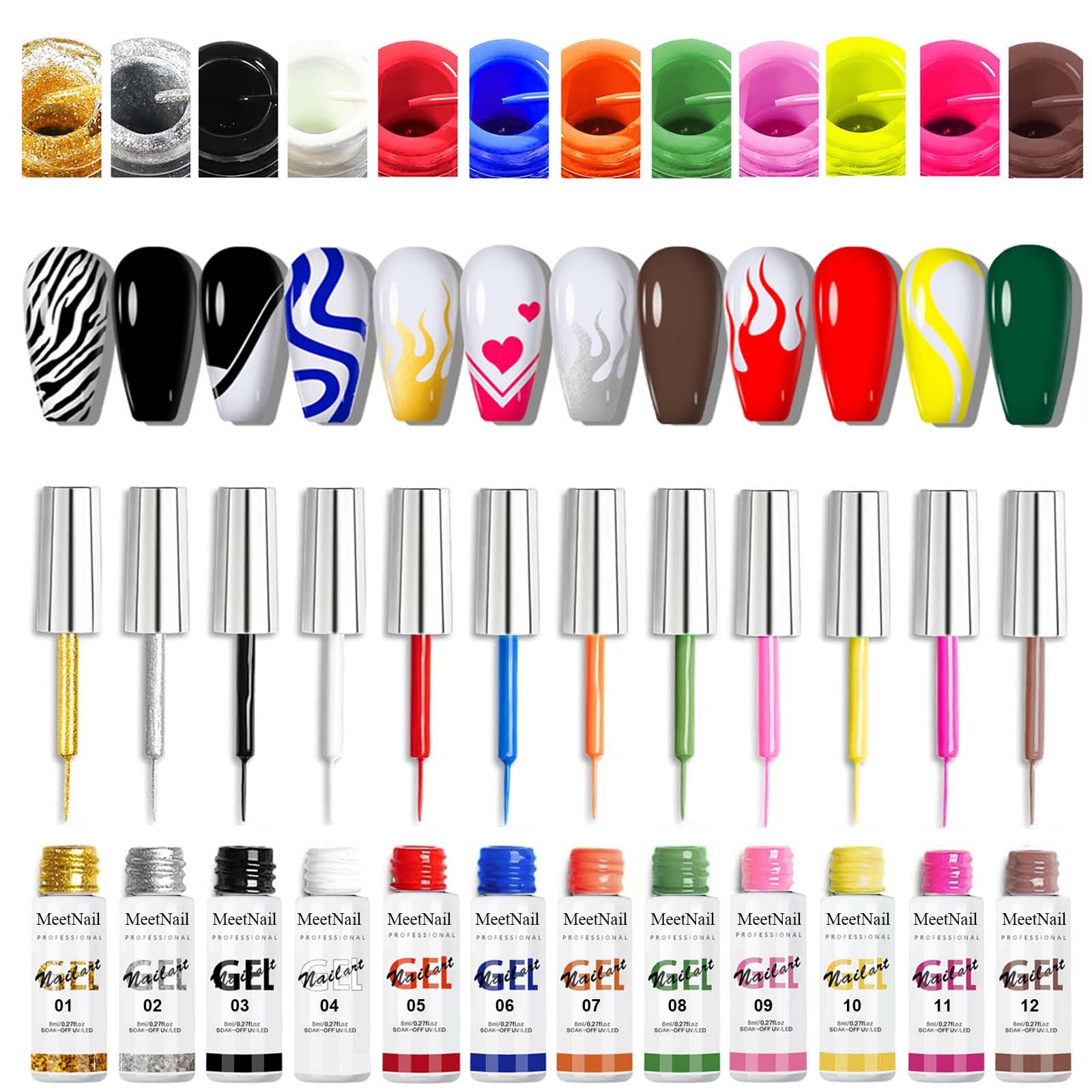 Gel Liner Nail Art Kit - 12 Color Polish for French Manicure and Painted Design - Built-In Thin Brush for Swirl Draw