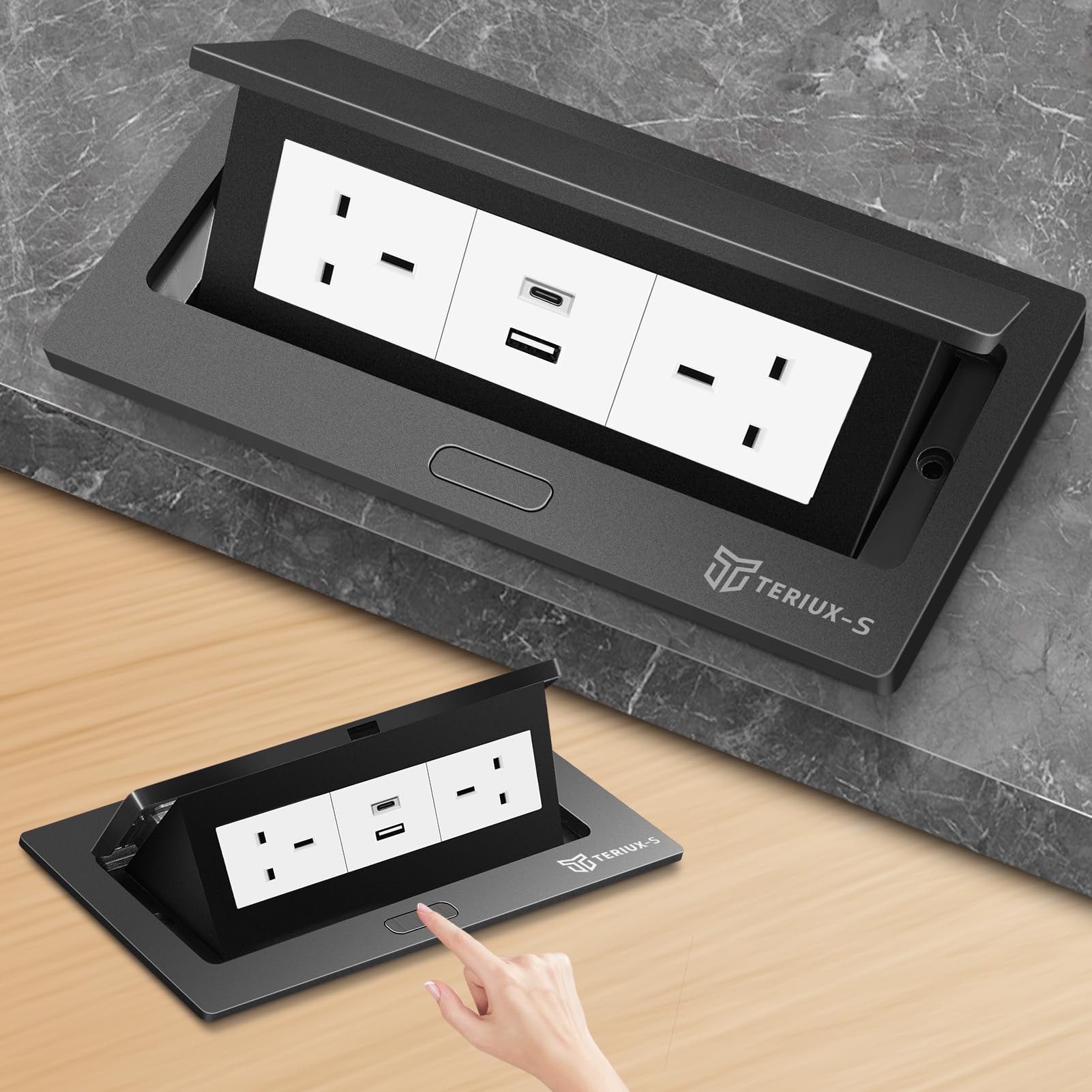 Desktop Power Socket with USB C, Pop Up Electrical Outlet Cover Box, Recessed Aluminum Power Strip with 2 UK Plug, Hidden Pop Up Desk Sockets for Kitchen Worktops, Office, Conference Table (Black) — image 1
