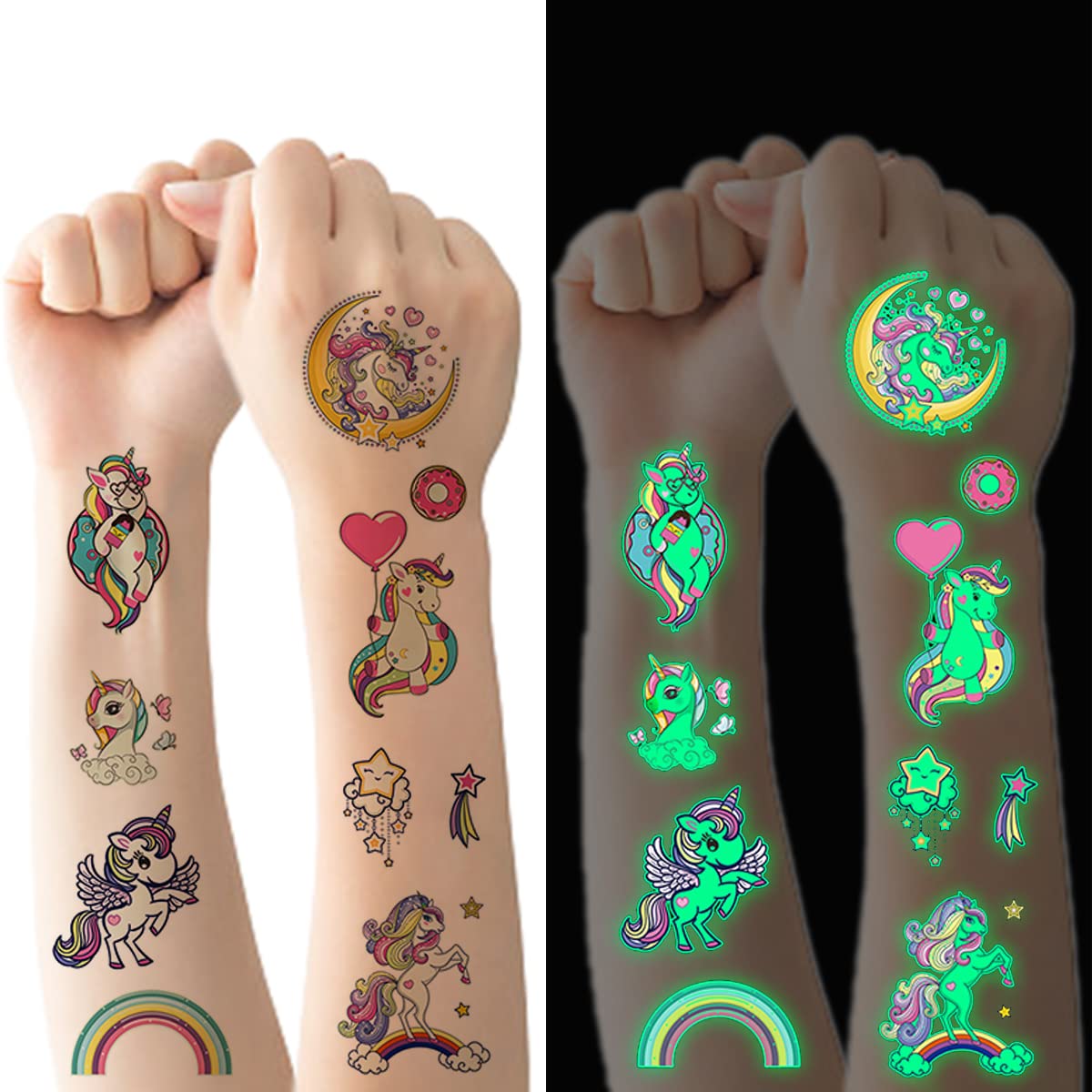 Luminosos Tatuajes Temporales para Niños, 10 hojas Unicornio Tatuajes que brillan la oscuridad, Cumpleaños Festivales Fiestas Gift para Niñas Niños Regalos