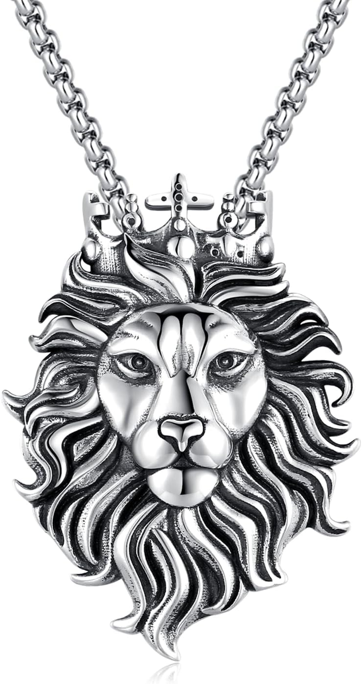 AOSAIB Lion Head Necklace 925 Sterling Silver Lion Necklace 3D Lion