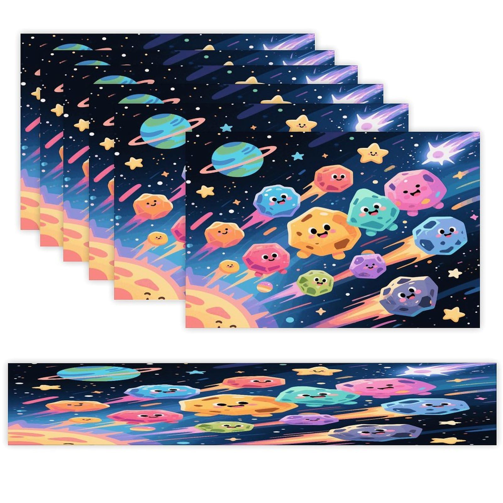 Space Meteor Table Runner and Placemats Set of 7 Linen Table Mat Non-Slip Place Mats Washable Placemat Heat Resistant Place Mat with Table Runner for Party Dining Decor