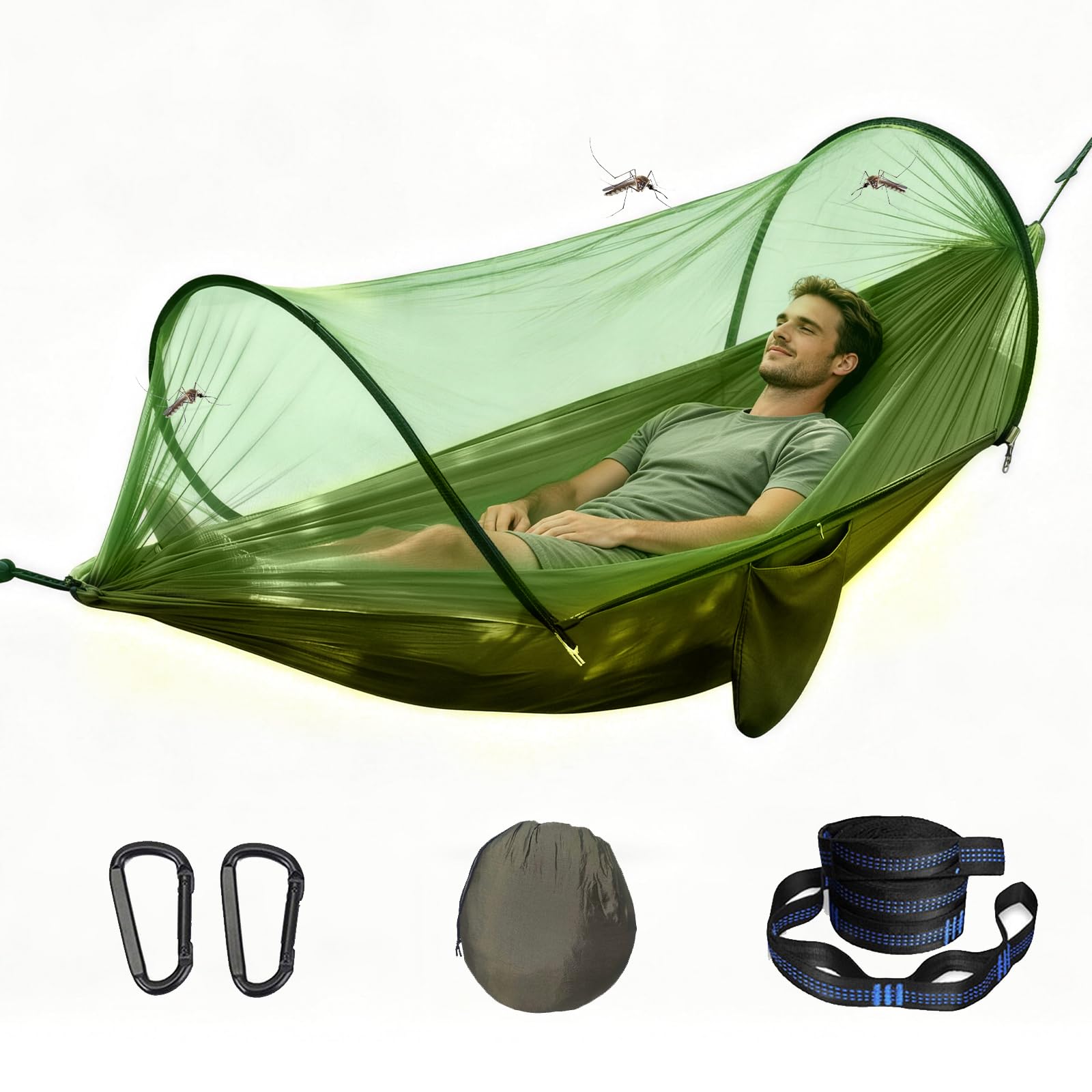 Hamac Ultra-léger de Voyage Camping, Hamac Moustiquaire - 300 kg, 260x140 cm, Hamac Camping, Inclut Sangles et Mousquetons - Idéal pour Camping, Jardin, Randonnée (Vert Militaire)