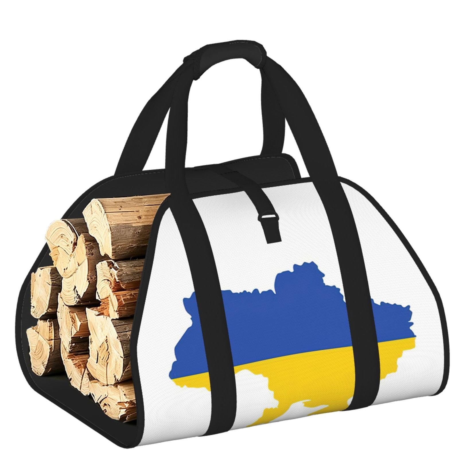 Ukraine Flag Map Printed Firewood Log Carrier, Large Tote Bag with Reinforced Handles for Camping Fireplace Home