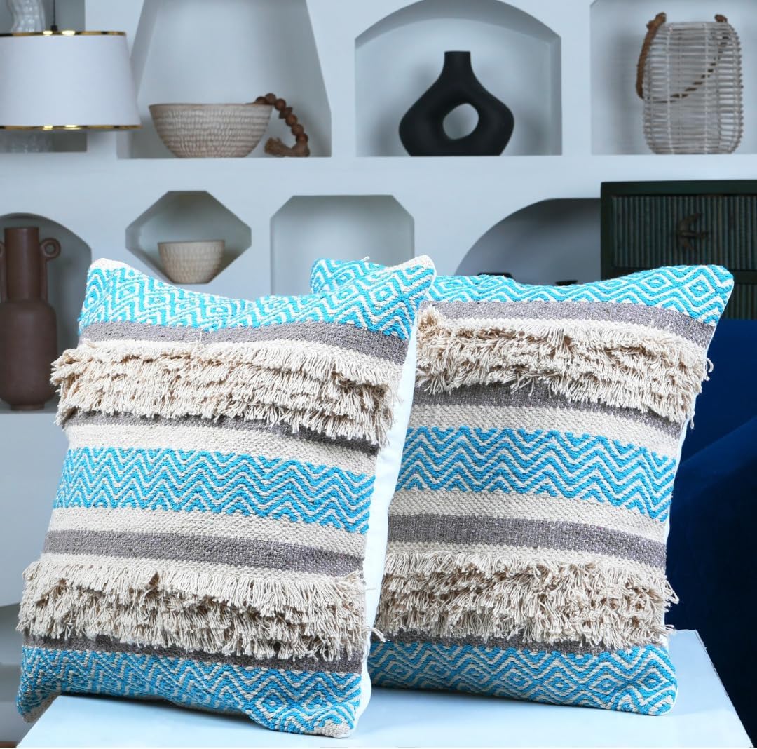 Farmhouse 100% Cotton Throw Pillow Cover 18" X 18" Tufted Sandy Beige and Aqua Turquoise Blue Rug Boho Country Woven Design Decorative Pillowcase Cushion Cover Living room, Sofa Couch Bedroom Set of 2