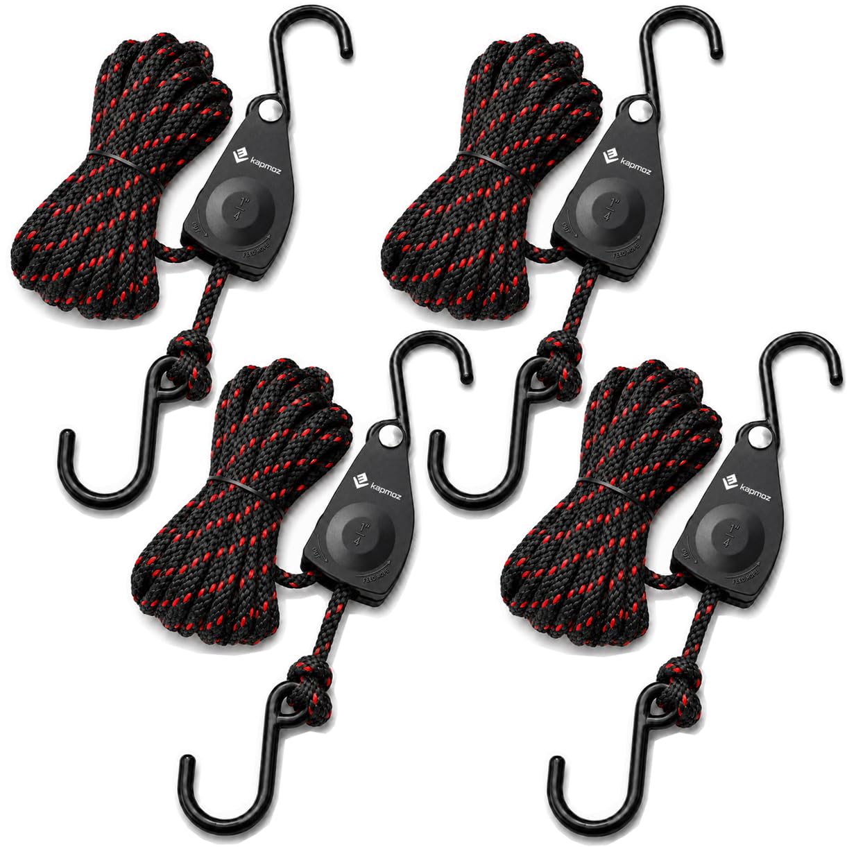 Kapmoz Robuster Seilaufhänger mit Haken, 0,6 cm, 3,6 m, geflochtenes Polypro-Seil, 68 kg Kapazität, rostfreie Vinylbeschichtung, 4 Stück