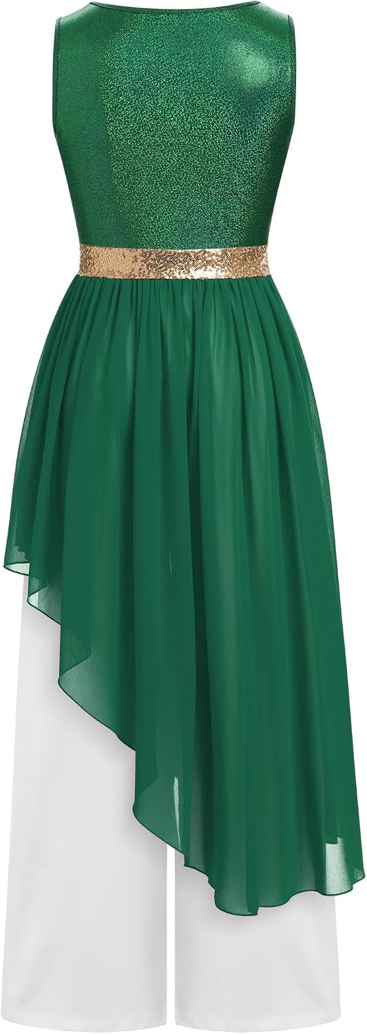 ODASDO Women Liturgical Worship Praise Dance Costumes Sleeveless Overlays Top Dress + Wide Leg Pants 2pcs Set Dancewear