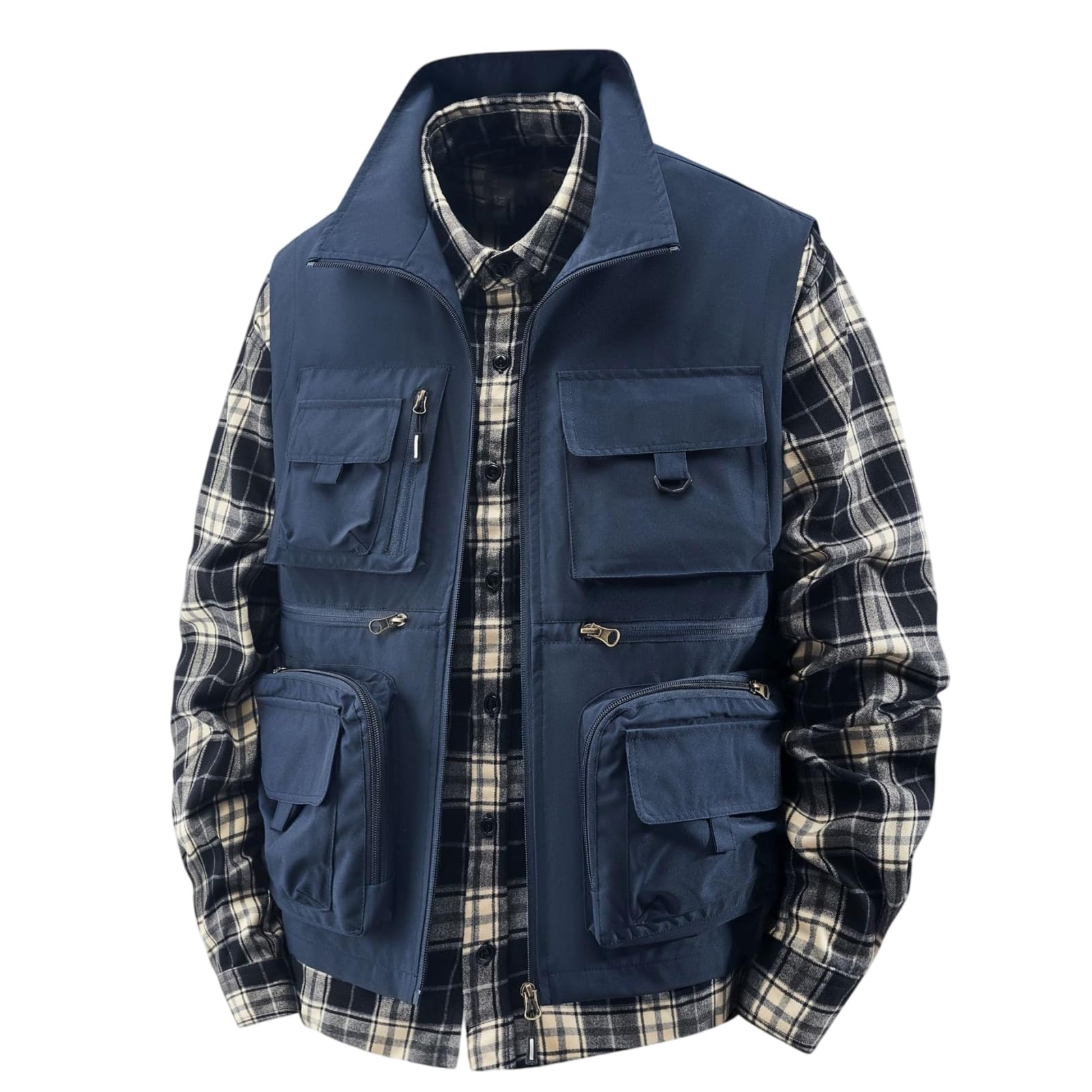 Gilet leggero da uomo per pesca e fotografo, con tasche multiple, gilet da lavoro in stile cargo, colletto alto, cerniera frontale