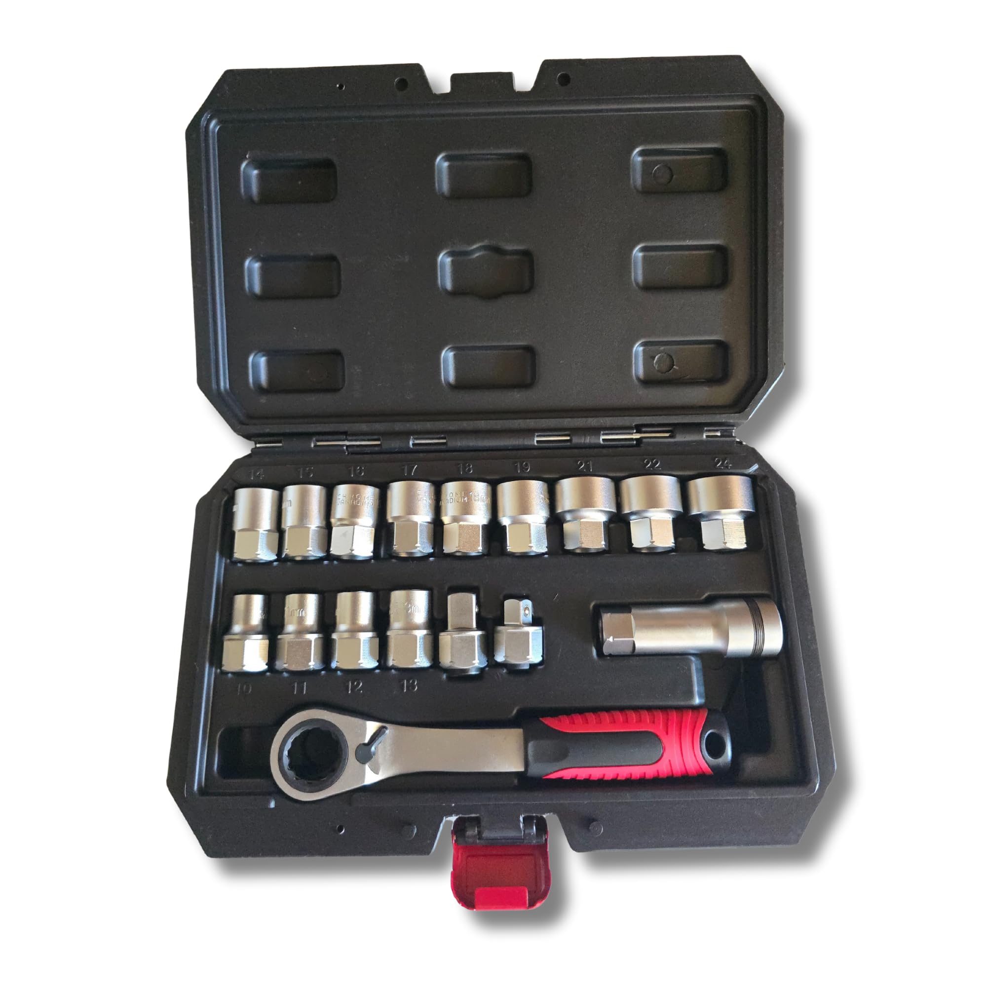 Juego llaves de vaso pasantes 10 a 24 mm 17 piezas CRV con trinquete reversible 19 mm adaptadores 1/4 y 1/2 vasos