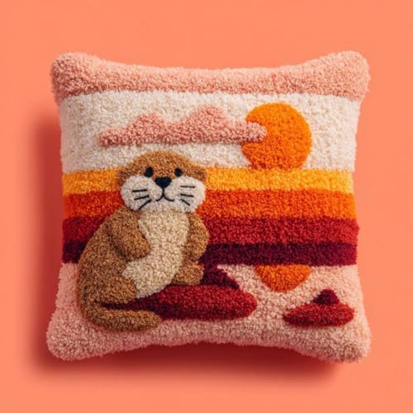 kitphoenix DIY Latch Hook Cushion Kit Otter and Sunset Background,Beginner-Friendly Rug Hooking Pillow Kit,Crochet Craft Cushion Cover for Home Decor,43x43 cm