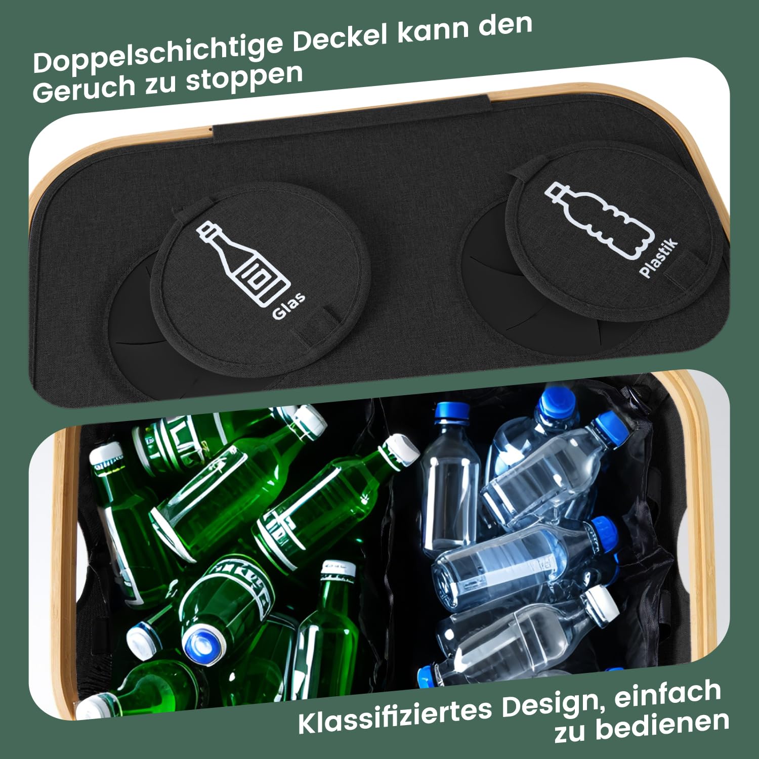 REKITA Pfandflaschen Sammelbehälter 2 Fächer, 160L Flaschensammler Leergut Sammelbehälter[inkl 2 Tragetasche] Faltbar Pfandflaschen Aufbewahrung mit Deckel Pfandbehälter