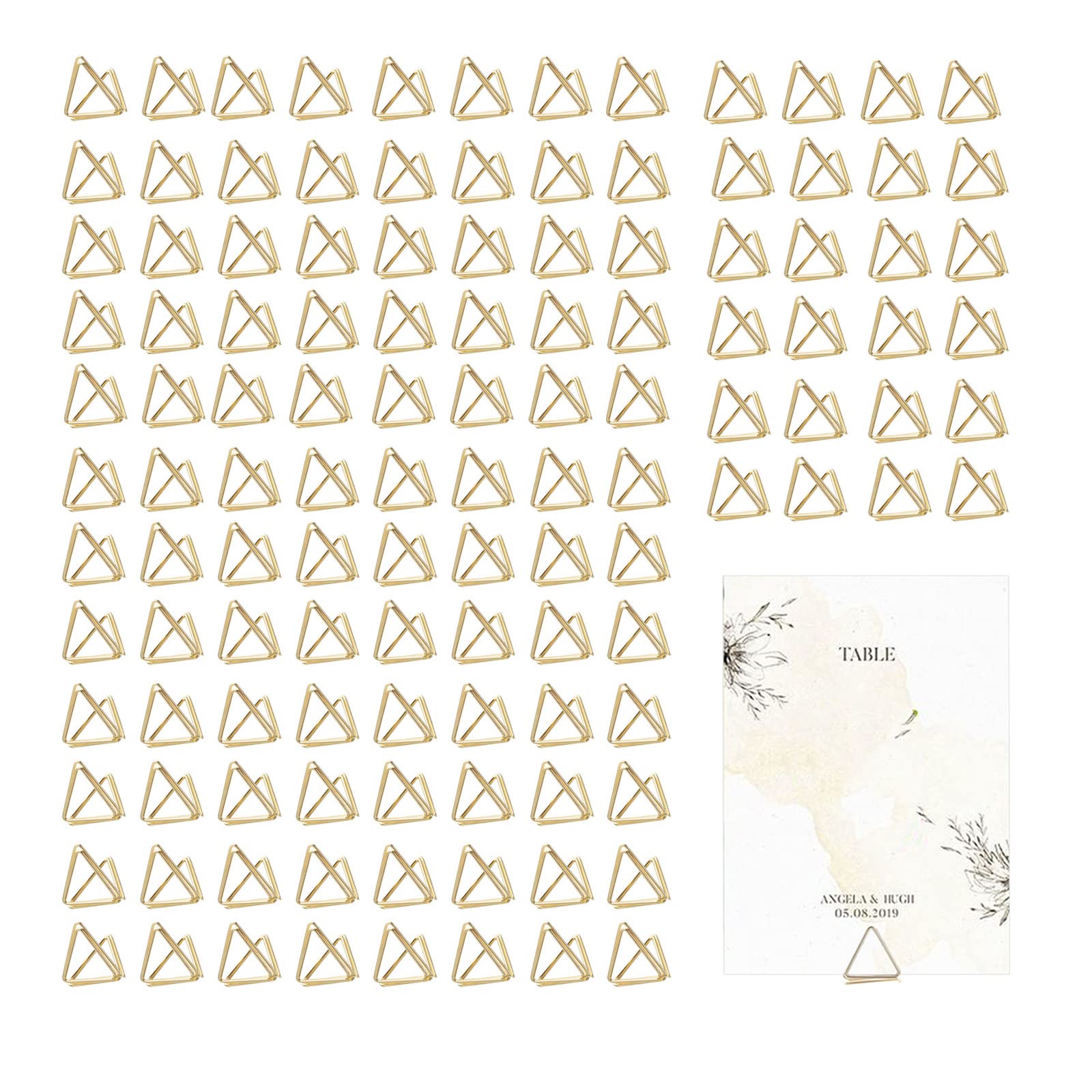 120 soportes para tarjetas de mesa con forma de triángulo, soportes para tarjetas de boda, soportes para números de mesa, soporte para fotos, clips para aniversario fiesta oficina escritorio (dorado)