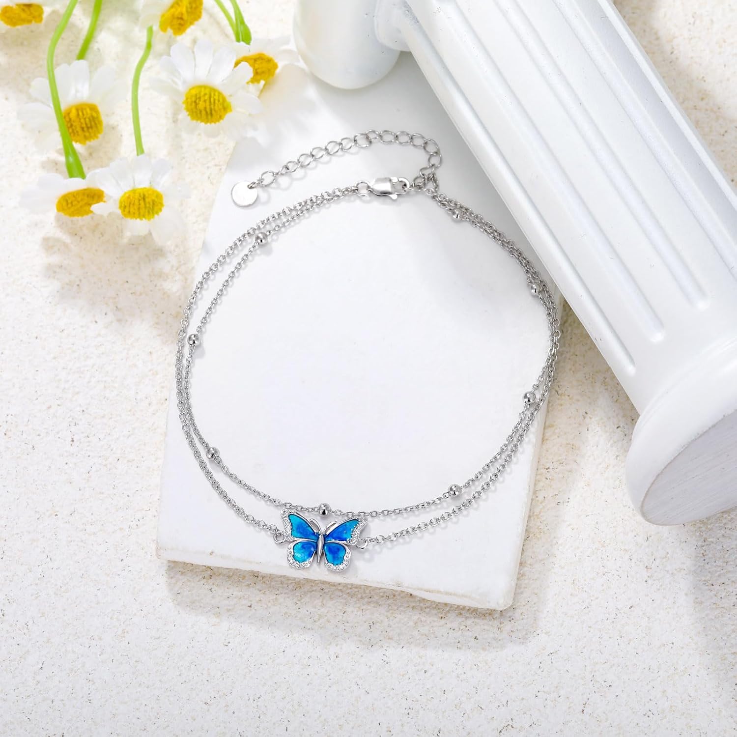 Diamond Butterfly Anklet for Women 925 Sterling Silver Colorful Butterfly Layered Anklets with Lab Grown Diamonds Jewelry Gifts for Mom Wife Girlfriend Daughter Sister Friend