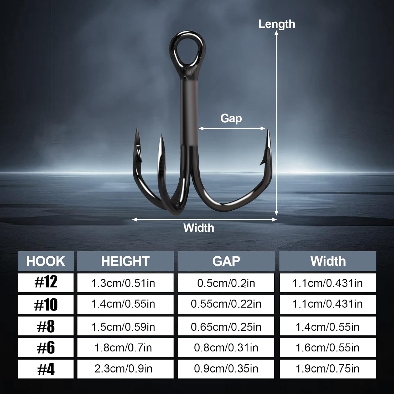 50PCS Fishing Treble Hooks with 50PCS Fishing Split Rings,Black Nickel/Luminous Triple Hooks,Replacement Fishing Hooks for Rattle Minnow Lures,3X V-Shaped Treble Hook,#4#6#8#10#12