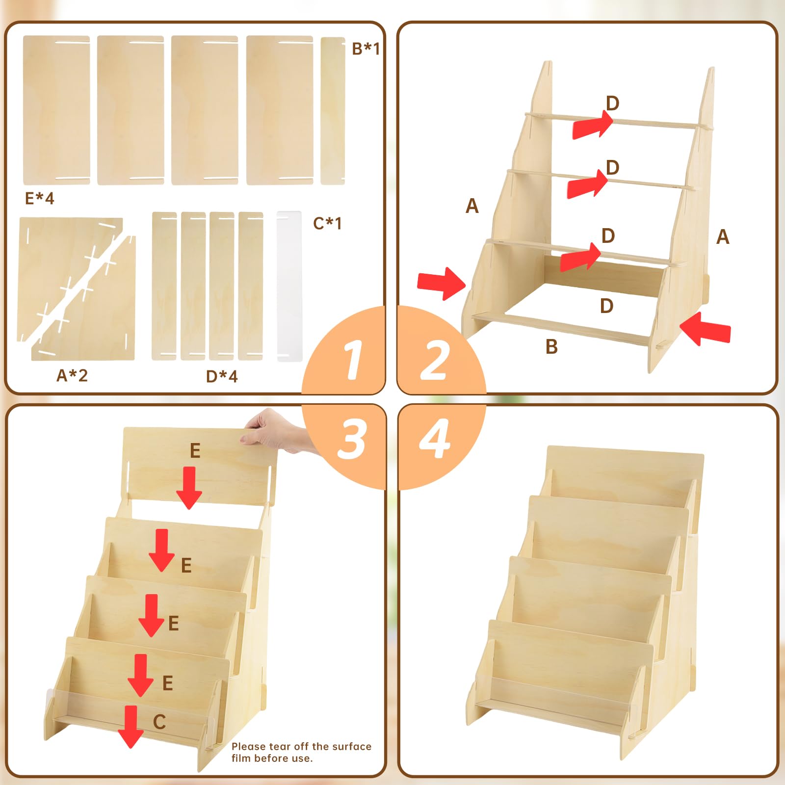 Grußkarten-Präsentationsständer, 4-stöckig, aus Holz, Mehrzweck-Broschürenhalter, tragbarer Präsentationsständer für Geburtstagskarten, Lesezeichen, Messen, Märkte, Handwerksmessen