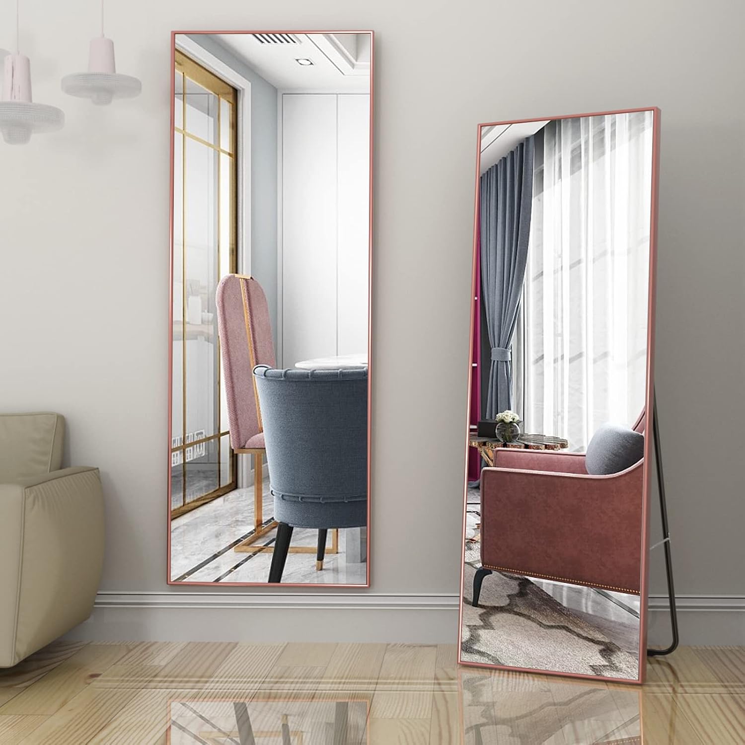 EVDINO 63"x20" Full Length Floor Mirror, Free Standing Body Mirror, Wall Mounted Hanging Mirror, Large Dressing Mirror, Leaning Mirror, Big Mirror for Bedroom Living Room Locker Room RoseGold2