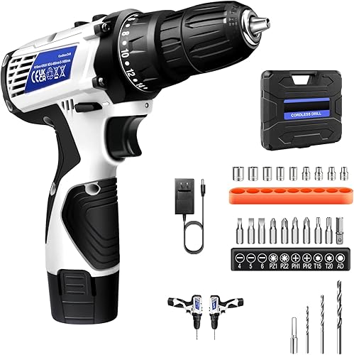 Taladro inalámbrico, ajuste de par 18+1, juego de taladro de 21 V, luz de trabajo LED incorporada, 2 velocidades variables con batería de 1300 mAh y