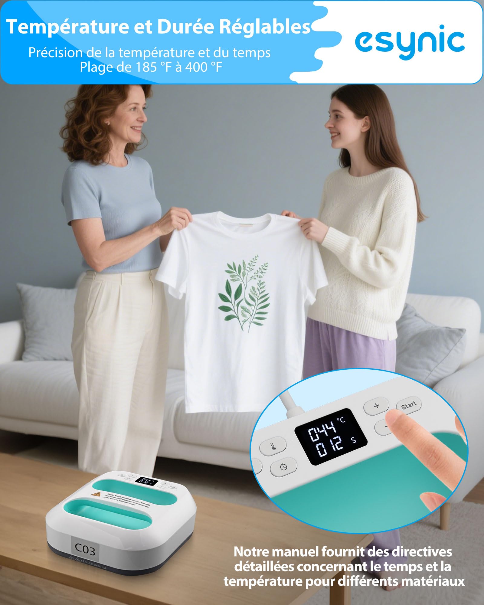 eSynic Presse à Chaud Textile 22,5cmx22,5cm Écran LED Arrêt Automatique | Température Durée Réglable, Température Max 205°C, Revêtement en Céramique, Utilisation DIY Textile T-Shirts Sacs Oreillers