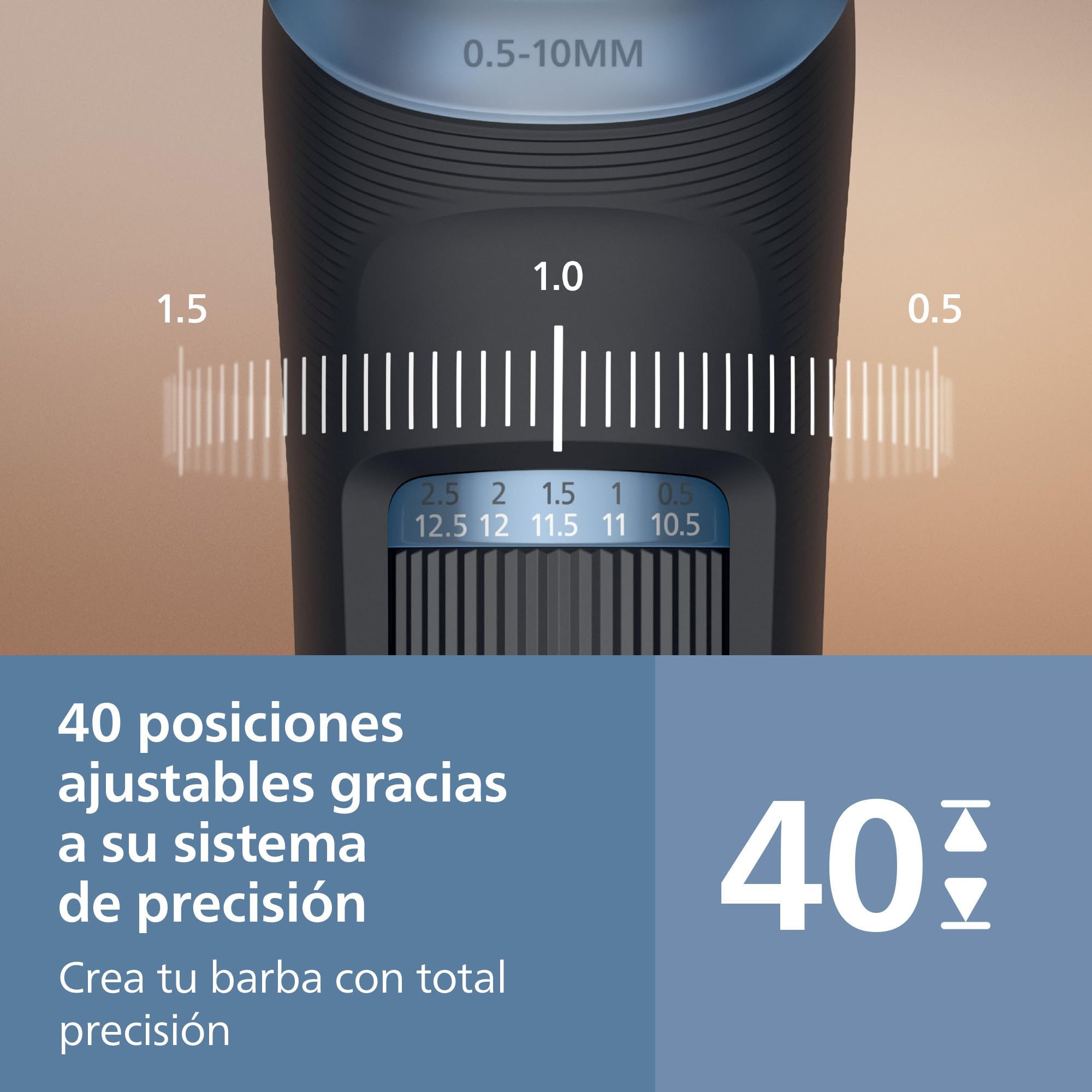 Philips Recortadora de barba series 3000, Hombre, Cuchillas autoafilables, 40 posiciones ajustables, Peine-guía Levanta y Recorta, 100% Resistente al agua, Indicador de batería, carga USB, BT3660/15