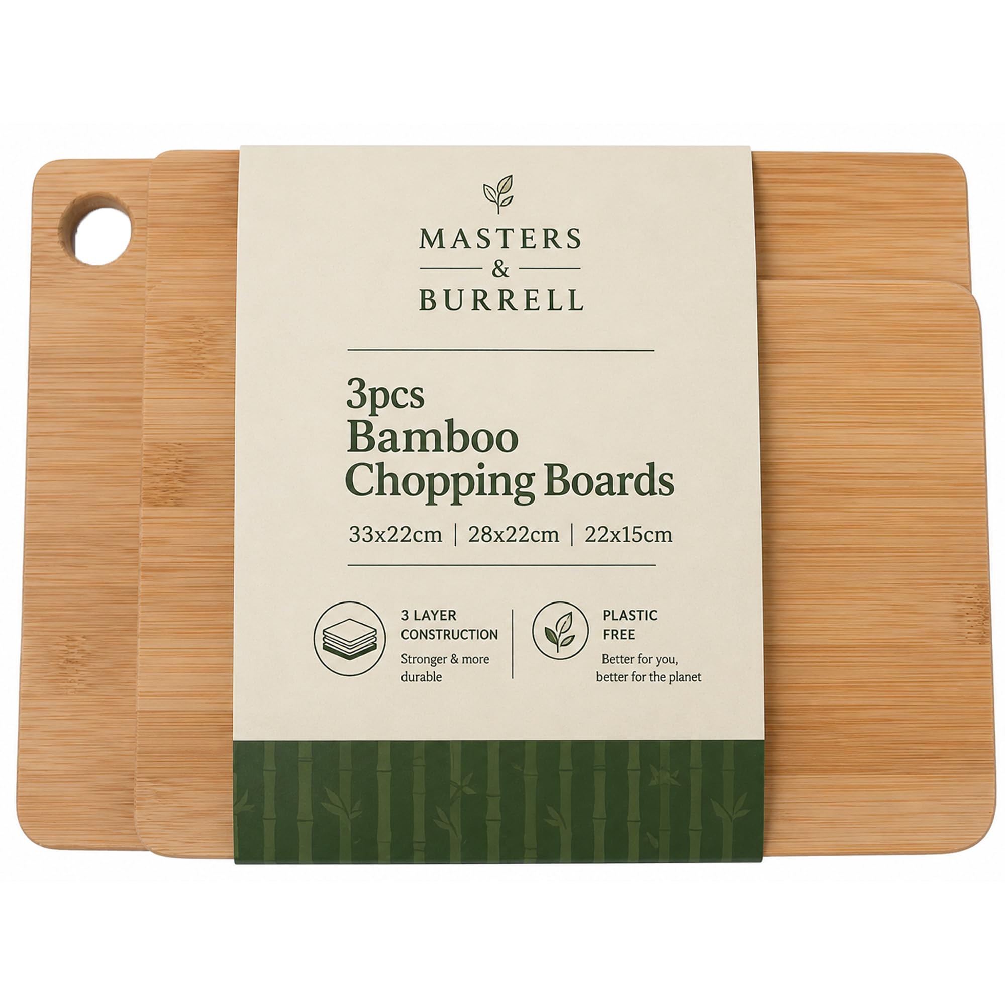 Masters & Burrell Set di 3 taglieri in legno di bambù, extra spessi, dimensioni: 33 x 22 | 28 x 22 | 22 x 15 cm, piedini antiscivolo a 3 strati senza plastica