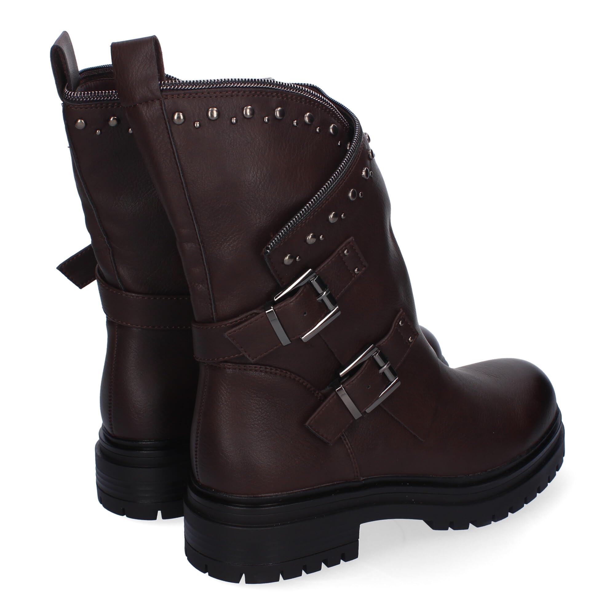 Botas de Mujer con Tachuelas, Estilo Motero, Suela Dentada, Diseno Moderno, Adorno de Cremallera en la Cana y Hebillas Decorativas, Cierre de Cremallera.