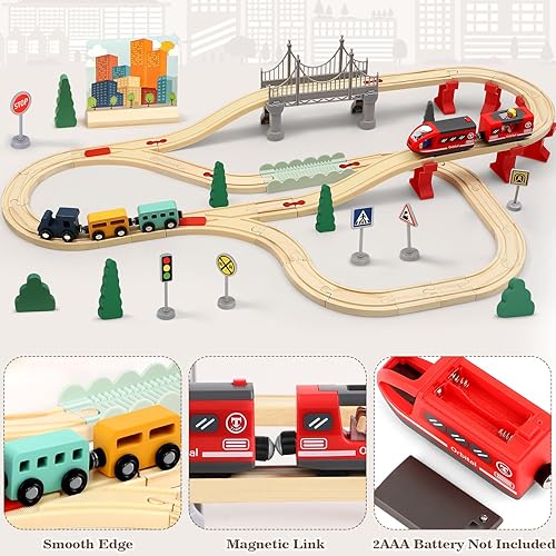 Miniatura 3 de Lonico Juego de tren de madera para niños pequeños de 3 a 5 años, 80 piezas de trenes con trenes eléctricos y vías intercambiables y viaducto, se