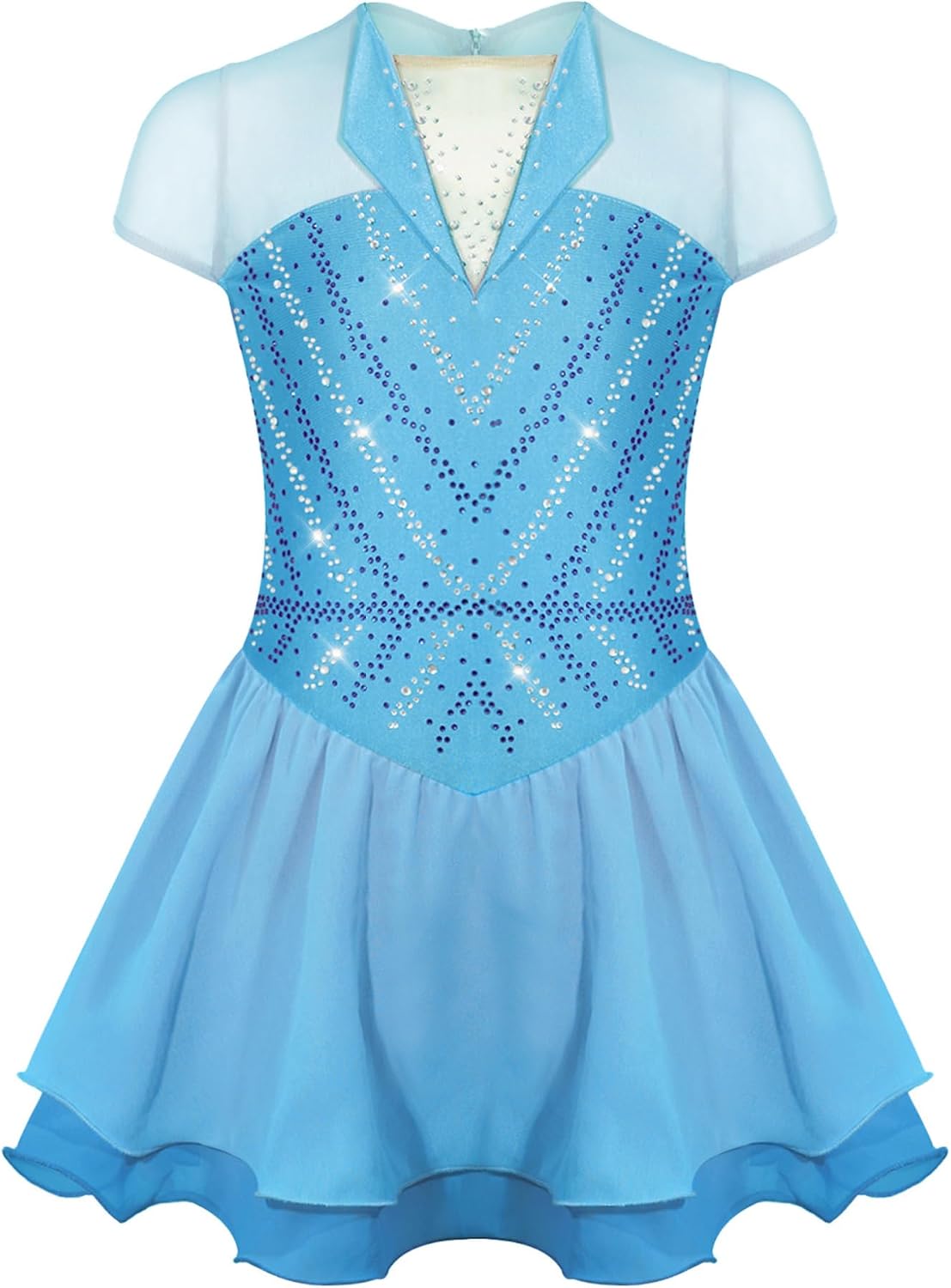 Girls Sparkle Figure Skating Dress Short Sleeve Tiered Tulle Ballet Tutu Dress Back Zipper Competition Performance